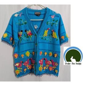 Vtg Berek Blue Embellished Flamingo Sweater Small Short Sleeve Beaded J1